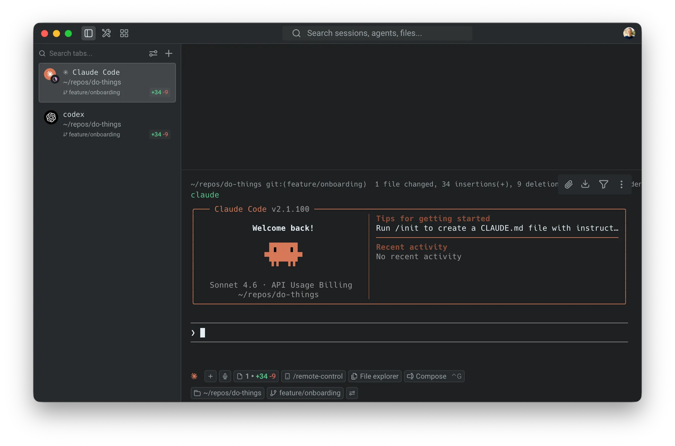 Multiple agent tabs in Warp's vertical sidebar showing session status, branch, and directory metadata